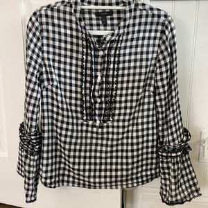 J Crew Black White Gingham Bell Sleeve Cotton Blouse 6